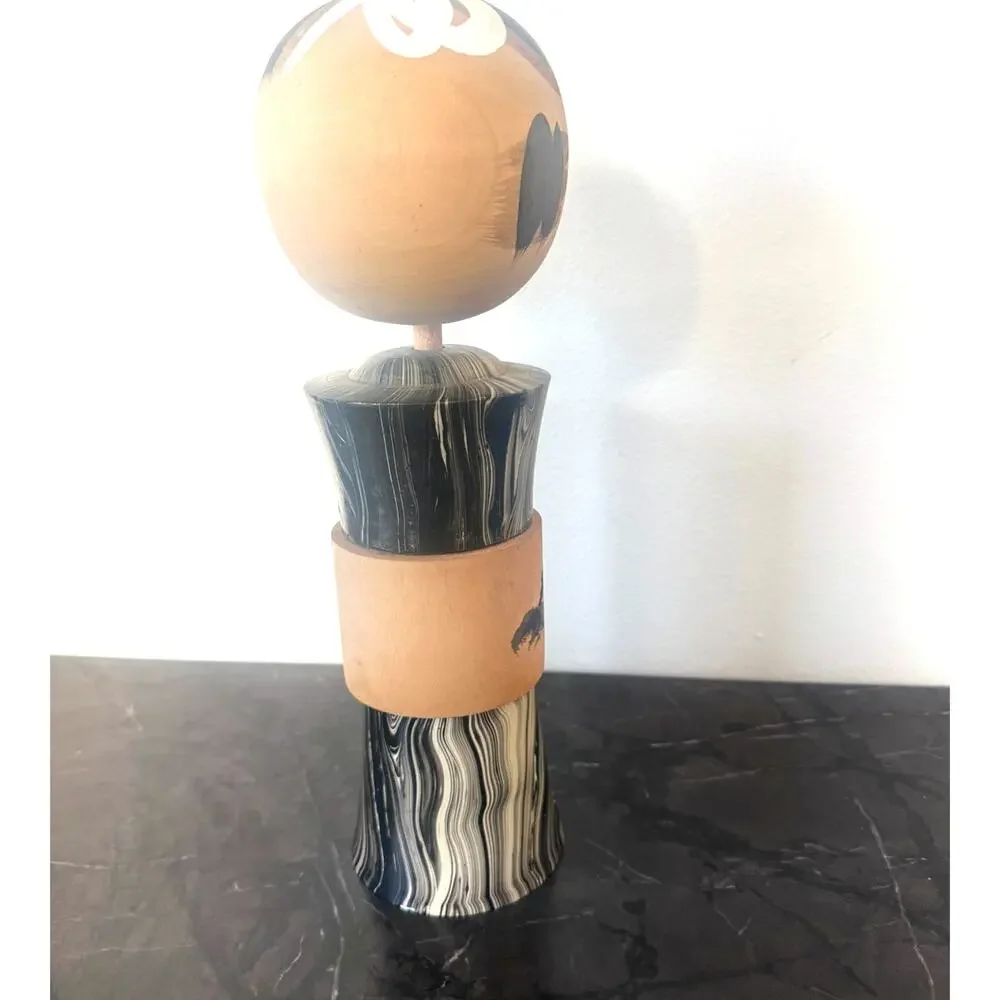 Vintage Japanese Kokeshi Doll Hand Painted Marbled Wood 13.5” Decor